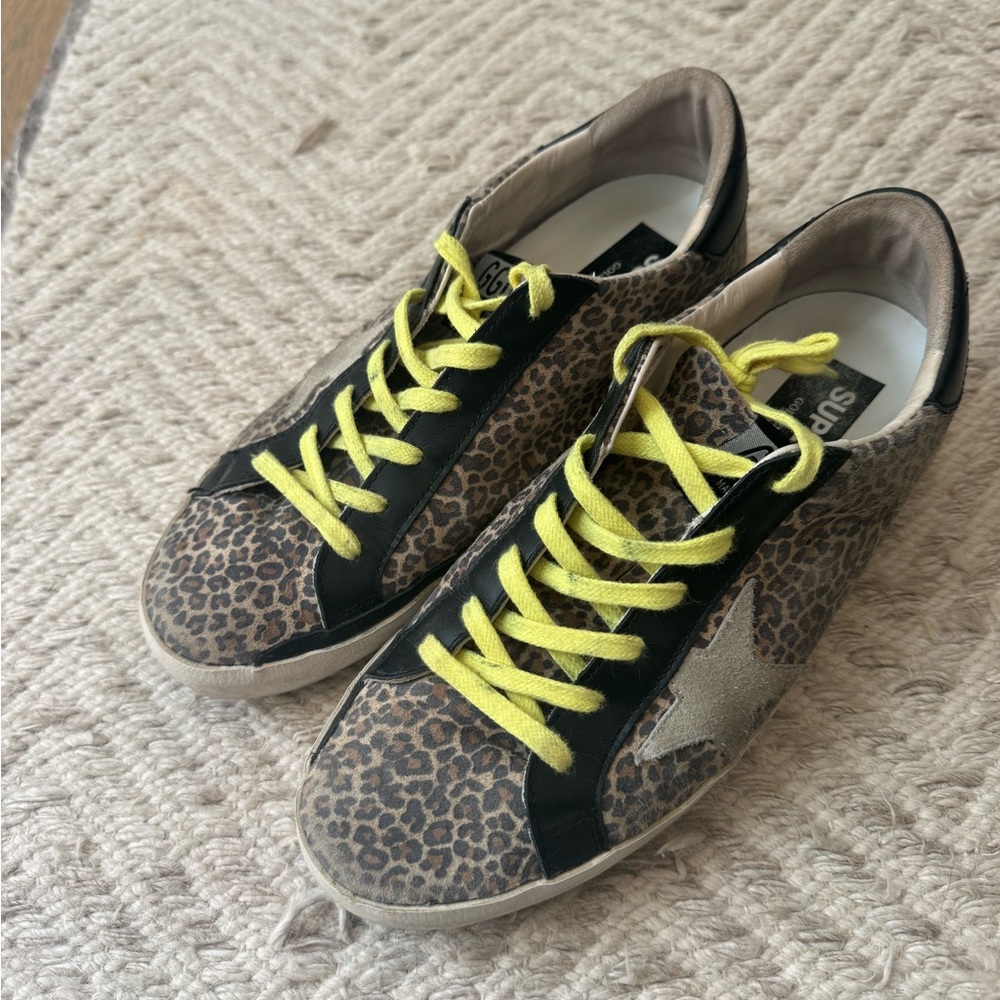 Golden Goose Leopard Print Sneakers Yellow Laces animal print game day luxury
